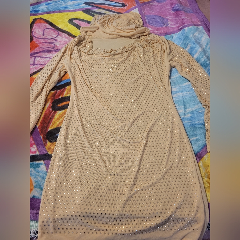 Shein SXY Draped Collar Sequin Bodycon Dress - Khaki Size Large 8/10